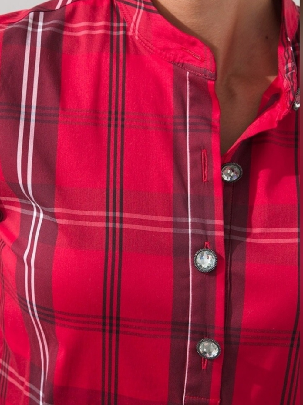 Chico's Red Plaid Crystal Bling Holiday Christmas Blouse Button Down 3 XL 16 18 - Picture 15 of 16